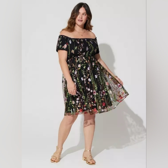 Torrid Smocked Bodice Off Shoulder Skater Dress Black Lace